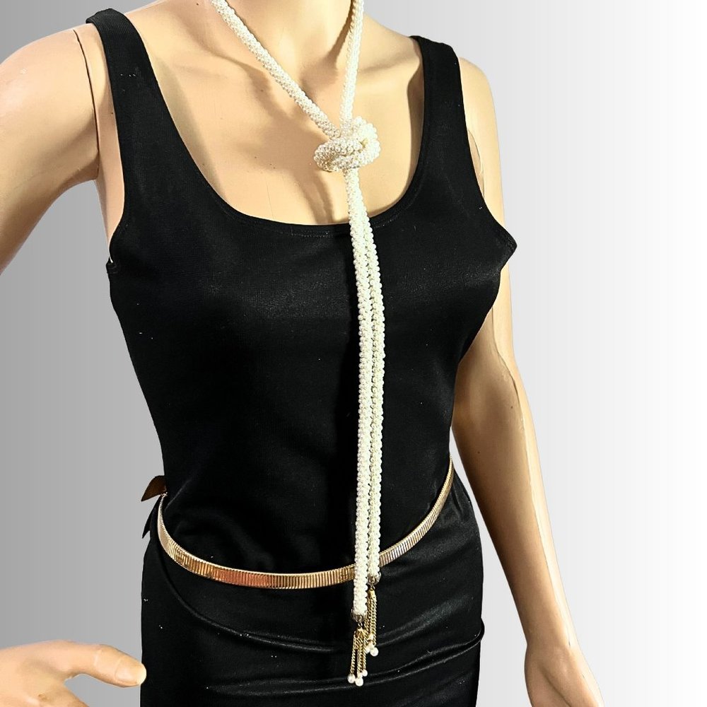 Vintage White Round Woven Imitation Pearl Beaded Bolo Style Adjustable Lariat Ro